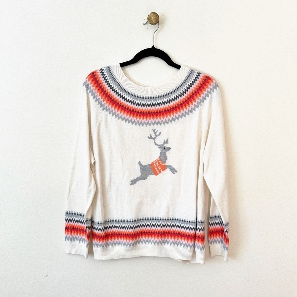Talbots Deer Fair Isle Novelty Holiday Sweater Cream + Grey size L